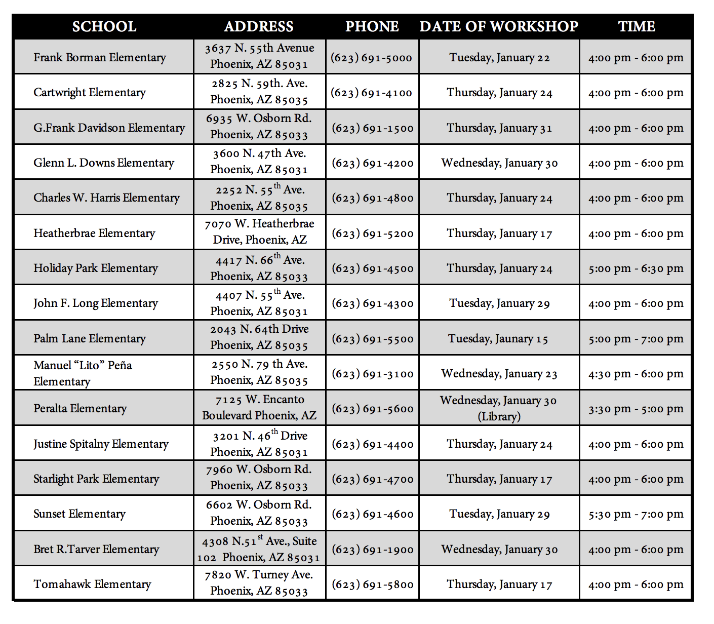 Workshop dates and times